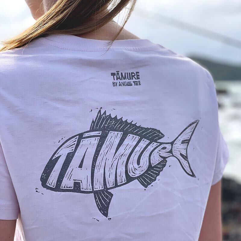 Woman wearing Tāmure Lino Cut Women's T-shirt AS Colour Pale Pink